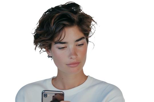 Portrait of thoughtful woman reading message on phone with subtle smile, isolated against on PNG transparent and white background. For lifestyle, communication, tech, and social media use.

 - Powered by Adobe