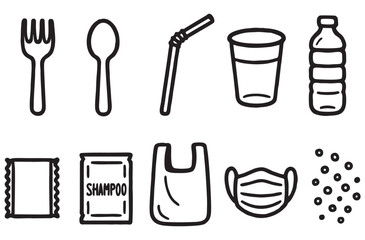 Single-Use Plastic Doodle Icons – Black & White Vector