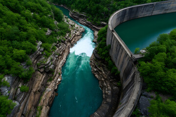 Impressive view of a dam surrounded by lush greenery and rushing water
