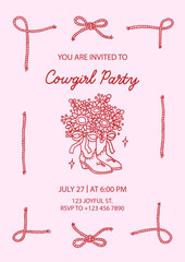 Cowgirl party invitation template with sample text. Cowboy boots vase with beautiful bouquet of sunflowers and coquette bow ribbon. Frame of rope and corde bows with knot tied. Cowboy western concept