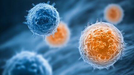 Immune system T cells attacking viruses in bloodstream, microscopic view of body defense mechanism, medical and healthcare concept for biology science.