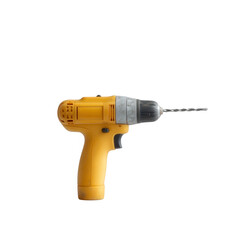 A yellow cordless drill with a silver drill bit on a white isolated background, showcasing its design and functionality for various drilling tasks.