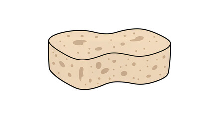 Wrinkled cleaning sponge cartoon sponge for cleaning and washing dishes or surfaces in beige color with black outline art on a transparent background