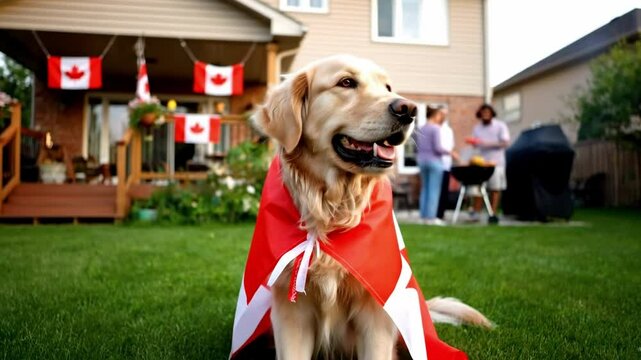 A golden retriever wearing a Canadian flag sits on green grass. IA house is decorated with Canadian flags for canada Day. People are barbecuing nearby