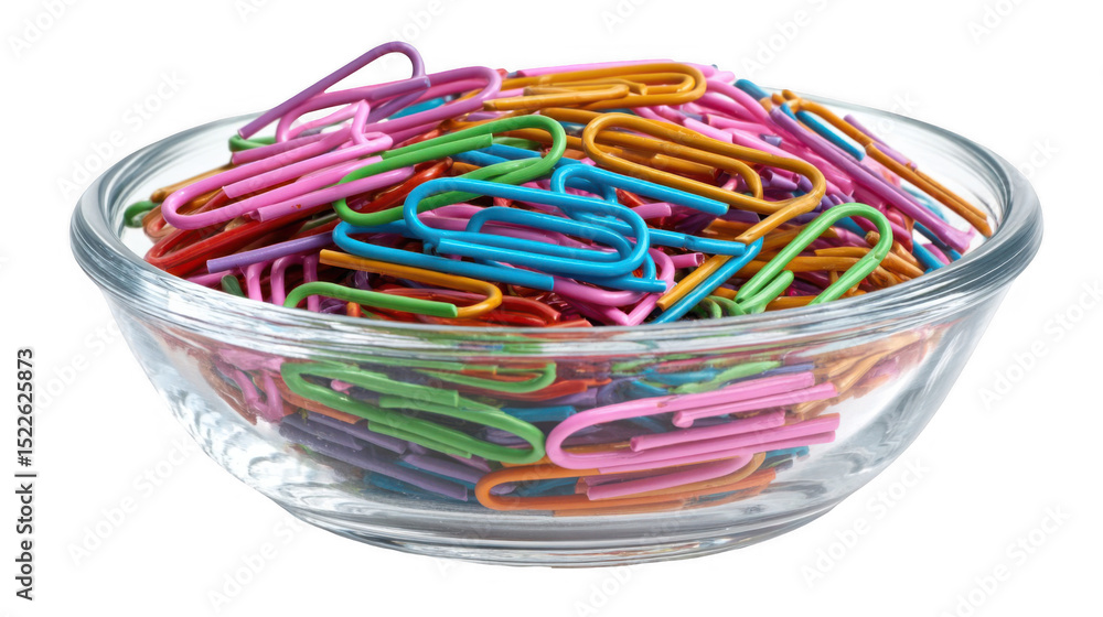 Aufkleber multicolored paperclips are neatly arranged in a transparent glass bowl, creating a vibrant and orga