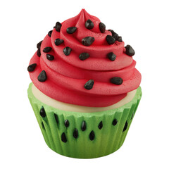 Cupcake features a striking design resembling a watermelon, showcasing red frosting and black seed-like sprinkles on a green wrapper. Perfect for summer celebrations and themed events
