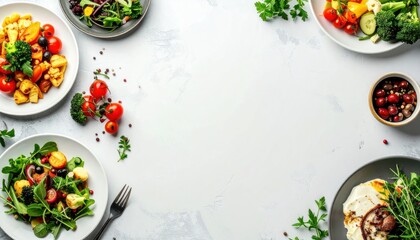 Assorted salads in plates form a frame on a white textured surface. Space in the middle