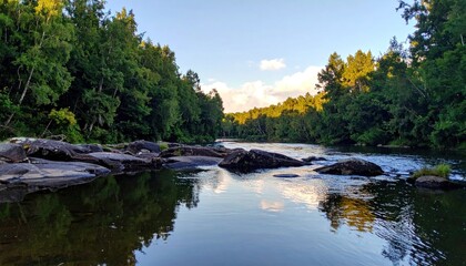 Tranquil river view rocks, water, lush forest under a bright sky