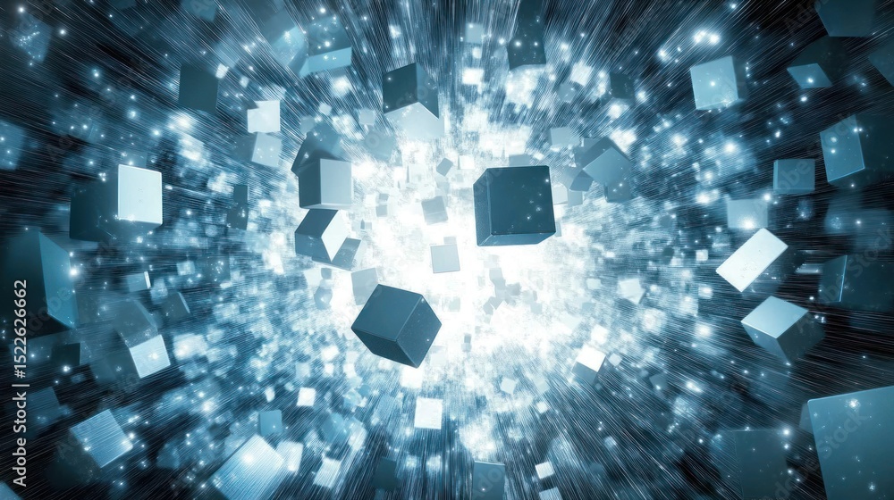 Poster digital cubes explode outward in a burst of light.