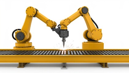 Twin yellow robotic arms weld with sparks on a conveyor belt