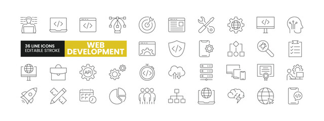 Set of 36 Web Development line icons set. Web Development outline icons with editable stroke collection. Includes Coding, Web Design, Brainstorming, Tools, Maintenance and More.