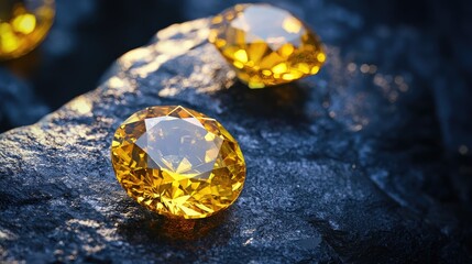 Close-up view of three brilliant yellow gemstones on dark rock.