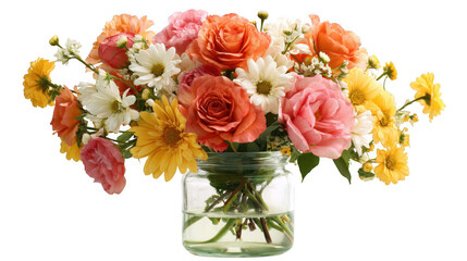 Obraz premium Vibrant bouquet of roses, daisies, and gerberas arranged in a clear glass jar, creating a cheerful and romantic atmosphere against a transparent background