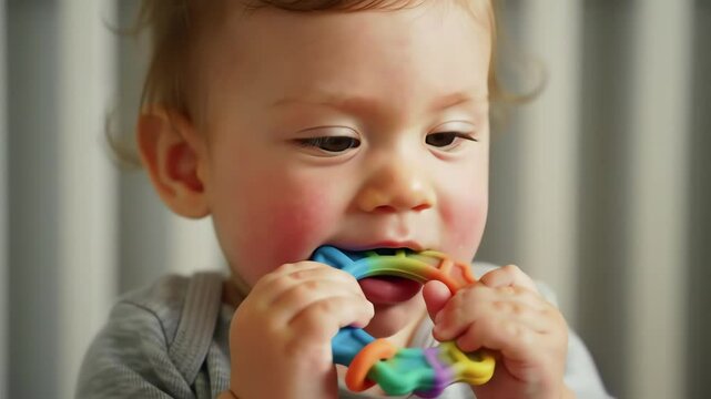 Baby chewing on colorful teething ring while looking focused indoors  
