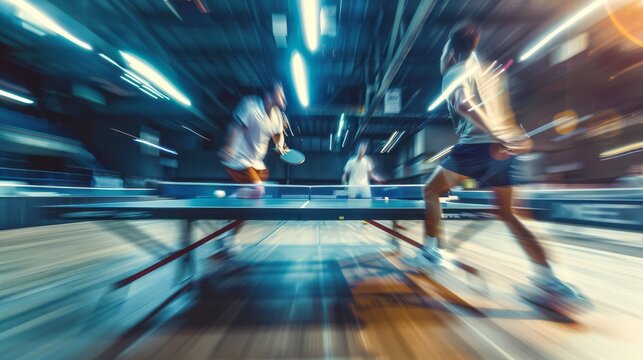 Dynamic Table Tennis Action Fast Motion Blurred Players Intense Competition Exciting Sports Game Tournament Professional Athletes Ping Pong Paddle Ball Blue Lighting Indoor Arena Energy Speed Fun Team