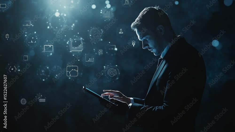 Poster man using a digital tablet surrounded by holographic icons representing data and technology