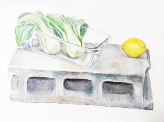 Watercolor of Chinese cabbage, lemon and block