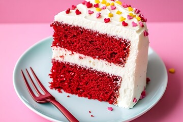 A slice of red velvet cake with white frosting on a plate