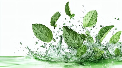 Water splash with green tea or mint leaves isolated on white background.