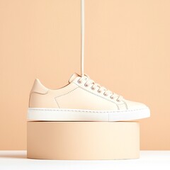 Beige Leather Sneakers Hanging by Laces on a Cream Box