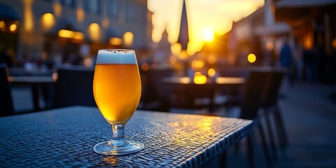 A refreshing glass of beer sits on a table as the sun sets, casting a warm glow over the lively outdoor cafe