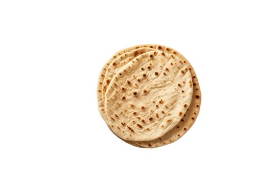 Overhead shot of two round, baked flatbreads, golden brown with slightly charred spots. background removed - Powered by Adobe