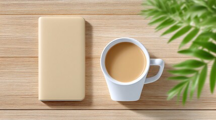 Overhead View of Coffee Cup and Chocolate Bar on Wooden Desk