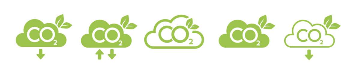CO2 emission reduction neutrality concept icon set. Cloud shape banners with zero footprint, CO2 neutral. Green eco friendly stop global warming. Vector