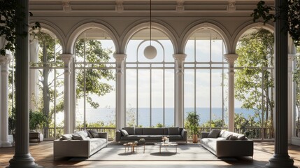 Luxurious living room with expansive ocean views.