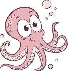 Cute Pink Cartoon Octopus with Big Eyes and Rosy Cheeks  Childlike Flat Illustration with Transparent Background