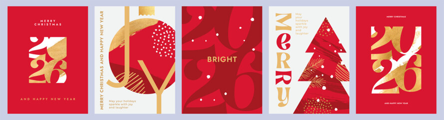 Merry Christmas and Happy New Year 2026 set of greeting card, poster, web banner, holiday cover. Xmas template in art style with gorgeous number 2026 design in gold and red colors for ads and promo