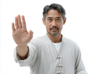 Fototapeta premium Relaxed Japanese man practicing Tai Chi hand gesture on a white background during a calm moment