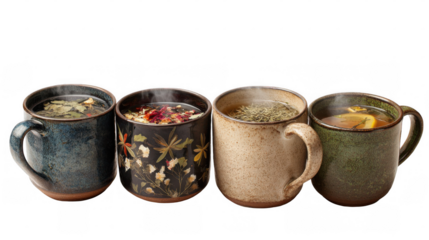 Four handcrafted mugs are filled with steaming herbal teas, each featuring different leaves, flowers, and fruit slices, creating a cozy and inviting atmosphere against a transparent background
