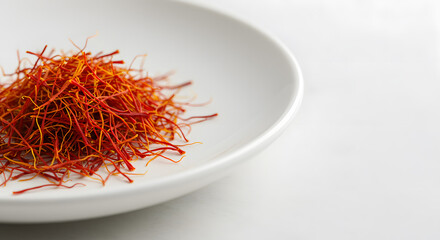 Fototapeta premium Close-up of vibrant red saffron threads, an expensive spice, in a white ceramic dish on a clean white textured background. Gourmet culinary ingredient.