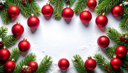 create white Christmas background image with snow, and chrsitmas tree with red balls