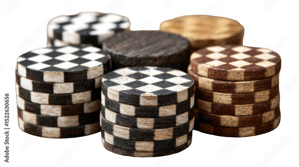 Poster stacks of wooden checkers pieces with checkered patterns, creating a captivating arrangement against