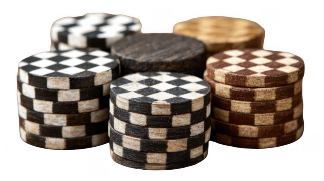 Stacks of wooden checkers pieces with checkered patterns, creating a captivating arrangement against a transparent background, perfect for game related designs