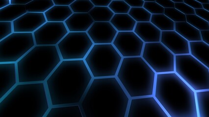 Cybernetz im Sechseck-Stil - blaues digitales Hexagon-Netzwerk -  moderne Visualisierungen in Technologie, Forschung und Wissenschaft, Digitalisierung, Innovation, Datentransfer
