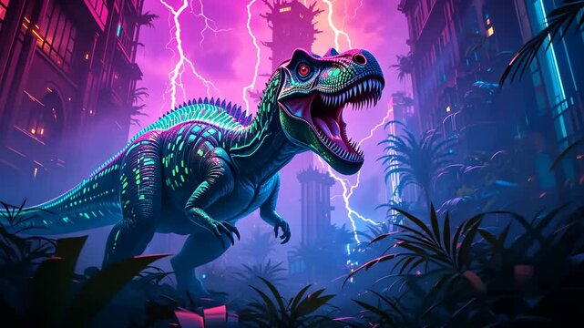 Colorful cartoon t-rex roaring under lightning in neon jungle at night. Concept of fantasy adventure and danger
