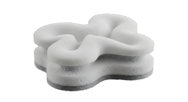 Wrinkled cleaning sponge white cloud shaped object modern art sculpture abstract design element isolated on black background on a transparent background