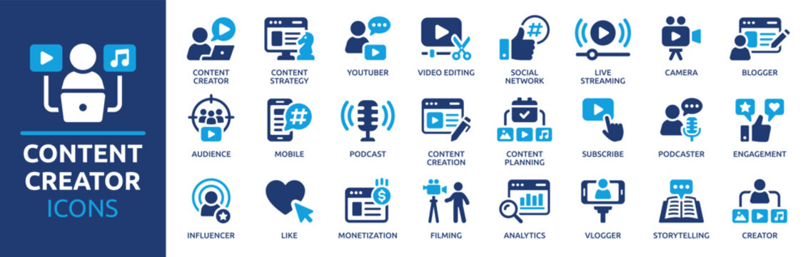 Content creator icon set. Video editing, content strategy, youtuber, blogger, monetization, podcast, live streaming, social network, subscribe and more. Solid vector icons collection.
