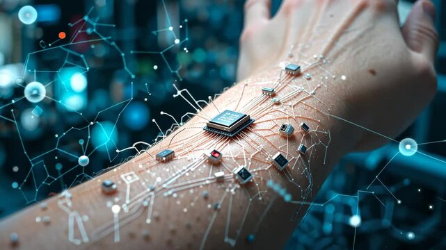 Close-up of microchip and circuit components implanted into human skin with blue light background. Concept of biohacking and future technology