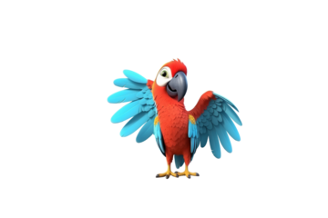 A cheerful cartoon scarlet macaw with bright blue wings, standing with a friendly expression. background removed