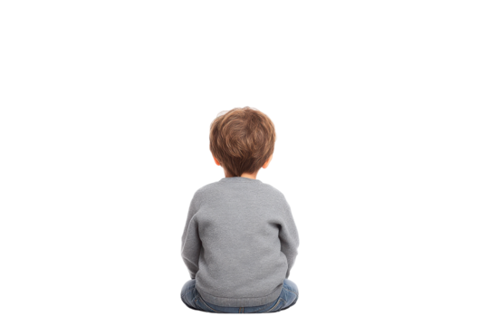 Young caucasian male child sitting alone in gray sweater, cut out - Powered by Adobe