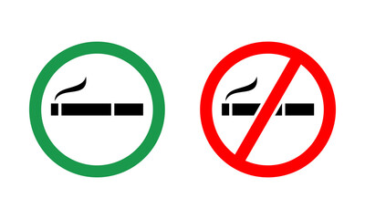 Green smoking area and red no smoking area cigarette circle sign icon flat vector design