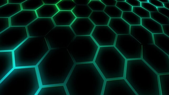 Cybernetz im Sechseck-Stil - gr&uuml;nes digitales Hexagon-Netzwerk -  moderne Visualisierungen in Technologie, Forschung und Wissenschaft, Digitalisierung, Innovation, Datentransfer
