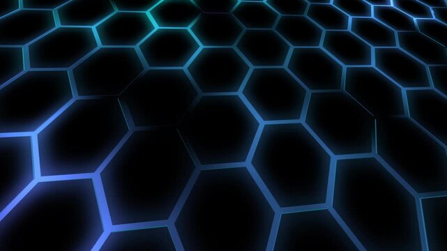 Cybernetz im Sechseck-Stil - blaues digitales Hexagon-Netzwerk -  moderne Visualisierungen in Technologie, Forschung und Wissenschaft, Digitalisierung, Innovation, Datentransfer
