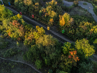 Aerial look-down view of colorful cable cars above lush green city park with trees and paths