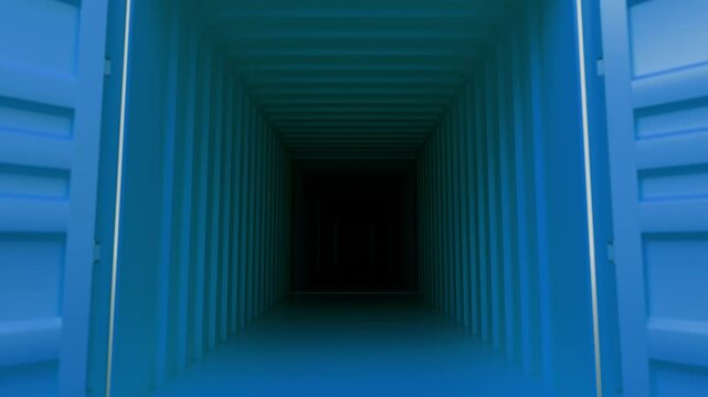 Container doors opening, revealing empty dark interior space, isolated on white background, ideal for logistics, shipping, and transportation concepts