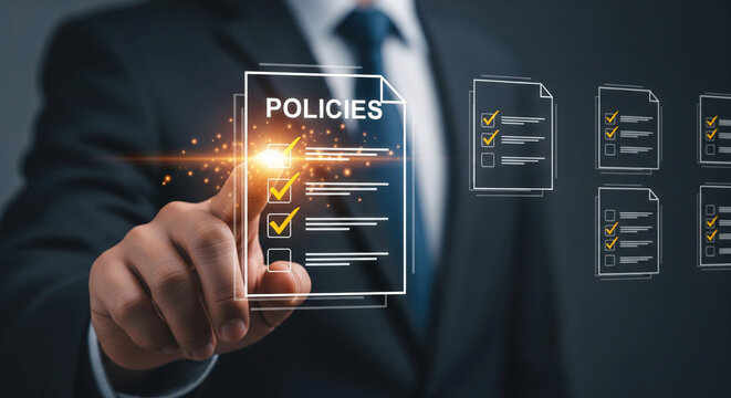 Business professional reviewing and approving digital policy documents on a virtual touchscreen interface with checkmarks indicating completed compliance tasks
